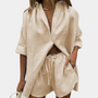 Leinen Damen Sommer Set: Bluse und Shorts für Freizeit-Khaki-XS-Luzern Mode