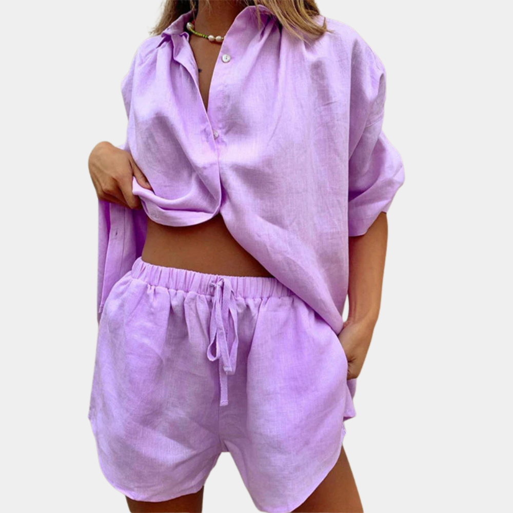 Leinen Damen Sommer Set: Bluse und Shorts für Freizeit-Lila-XS-Luzern Mode