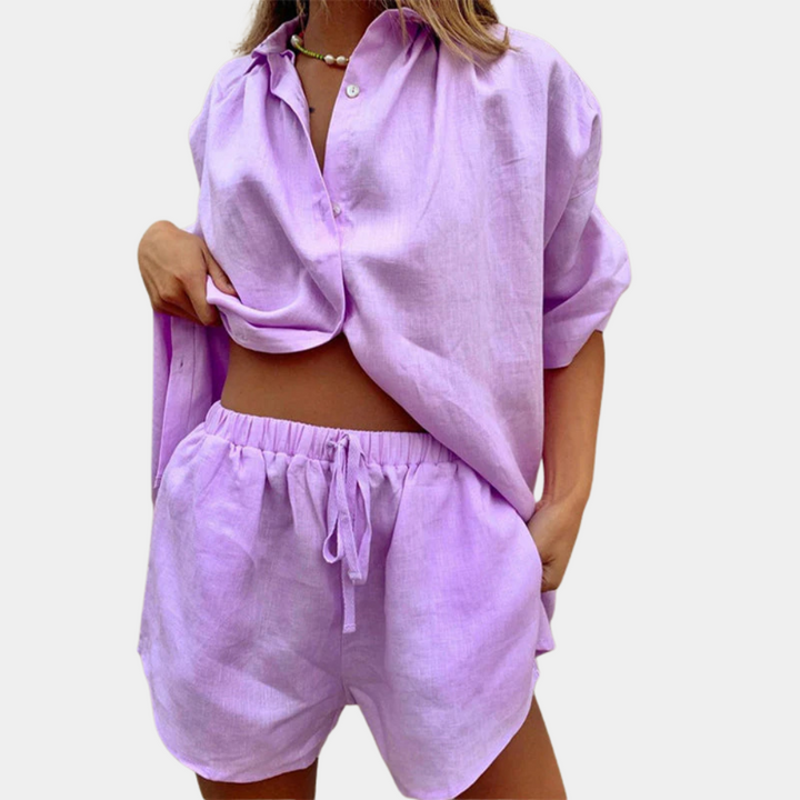 Leinen Damen Sommer Set: Bluse und Shorts für Freizeit-Lila-XS-Luzern Mode