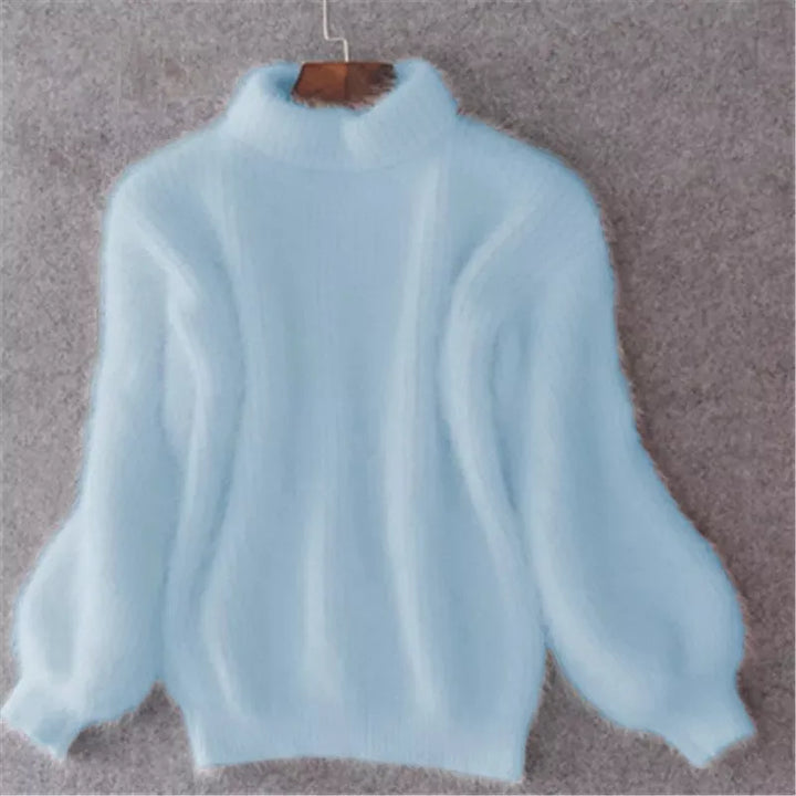 Damen Pullover aus Angora Wolle mit Ballonärmeln-Blau-S-Luzern Mode