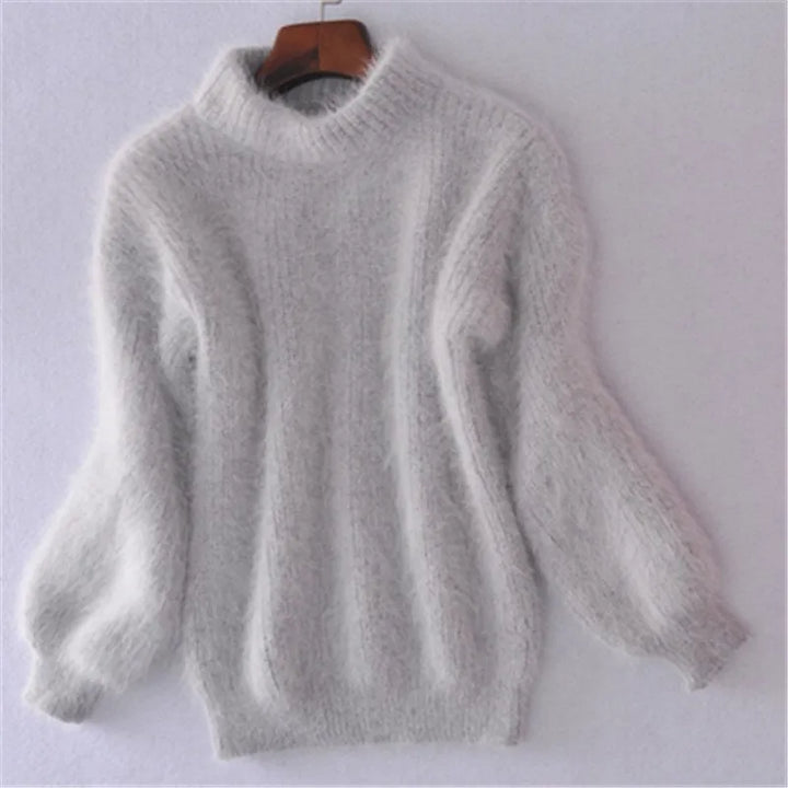 Damen Pullover aus Angora Wolle mit Ballonärmeln-Grau-S-Luzern Mode