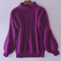 Damen Pullover aus Angora Wolle mit Ballonärmeln-Lila-S-Luzern Mode