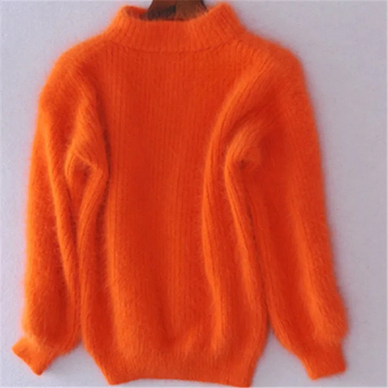 Damen Pullover aus Angora Wolle mit Ballonärmeln-Orange-S-Luzern Mode
