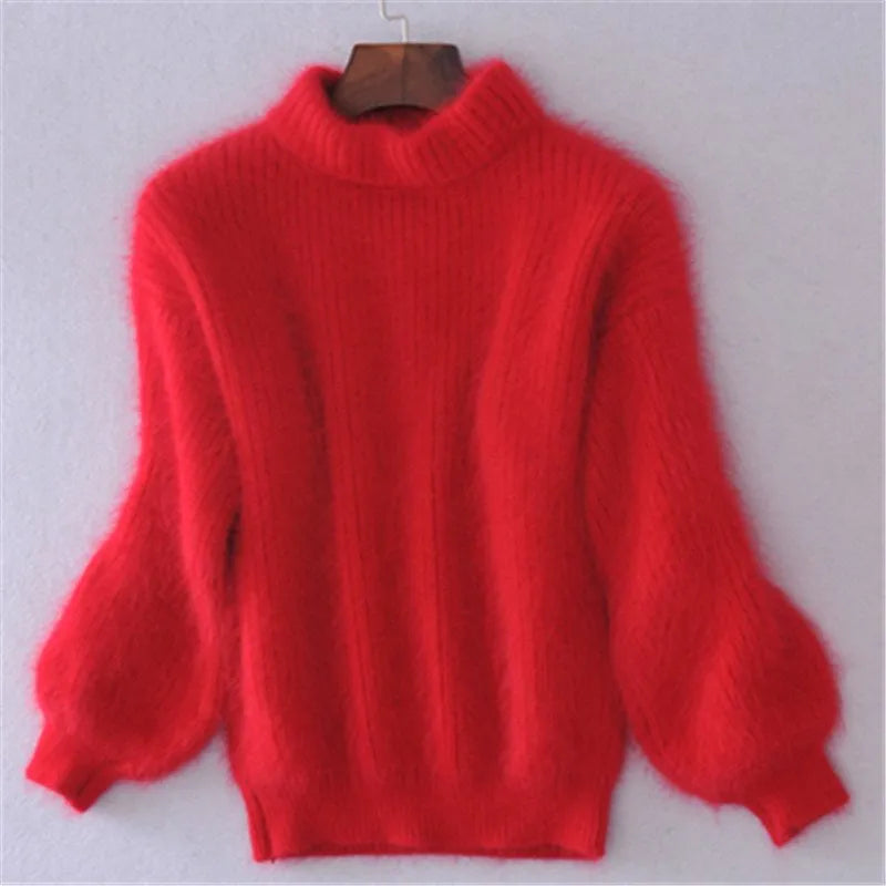 Damen Pullover aus Angora Wolle mit Ballonärmeln-Rot-S-Luzern Mode