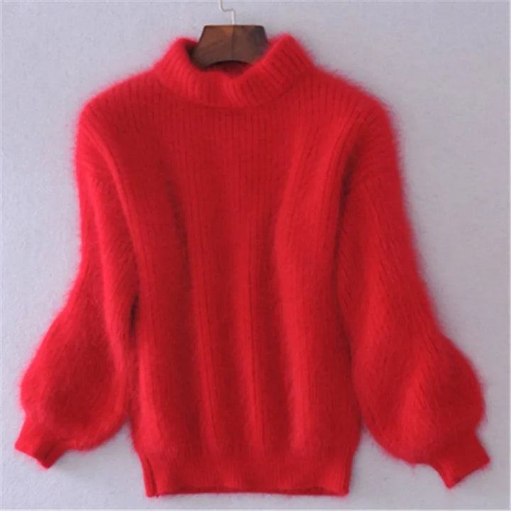 Damen Pullover aus Angora Wolle mit Ballonärmeln-Rot-S-Luzern Mode