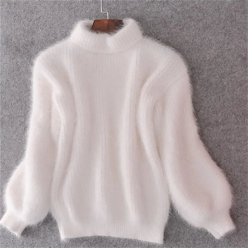 Damen Pullover aus Angora Wolle mit Ballonärmeln-Weiß-S-Luzern Mode