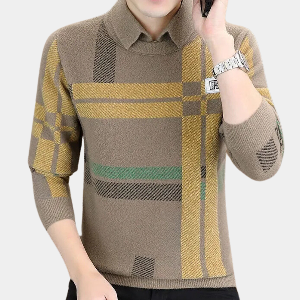 Hochwertiger Wollpullover mit kariertem Ärmel-Detail-Luzern Mode