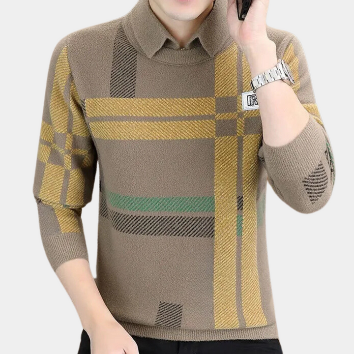 Hochwertiger Wollpullover mit kariertem Ärmel-Detail-Luzern Mode