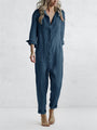 Lässiger Jumpsuit | Umlegekragen | 100% Baumwolle | Lange Ärmel | Taschen-Blau-S-Luzern Mode