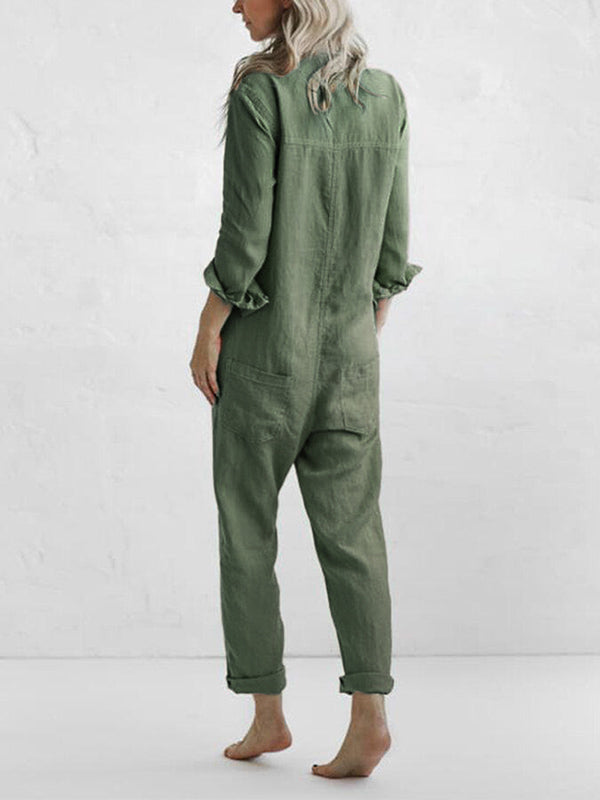 Lässiger Jumpsuit | Umlegekragen | 100% Baumwolle | Lange Ärmel | Taschen-Luzern Mode