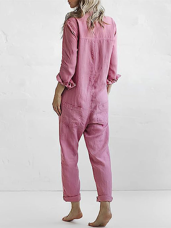 Lässiger Jumpsuit | Umlegekragen | 100% Baumwolle | Lange Ärmel | Taschen-Luzern Mode