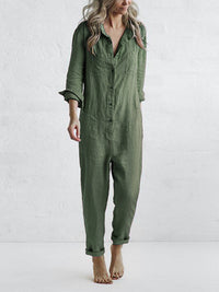 Lässiger Jumpsuit | Umlegekragen | 100% Baumwolle | Lange Ärmel | Taschen-Grün-S-Luzern Mode