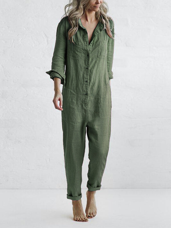 Lässiger Jumpsuit | Umlegekragen | 100% Baumwolle | Lange Ärmel | Taschen-Grün-S-Luzern Mode