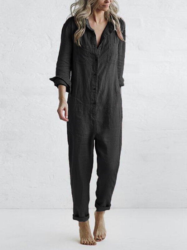 Lässiger Jumpsuit | Umlegekragen | 100% Baumwolle | Lange Ärmel | Taschen-Schwarz-S-Luzern Mode