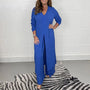 Damen Hausanzug | Hose | Oberteil | Unifarben | Locker sitzend | Zweiteilig | V-Ausschnitt-Blau-S-Luzern Mode