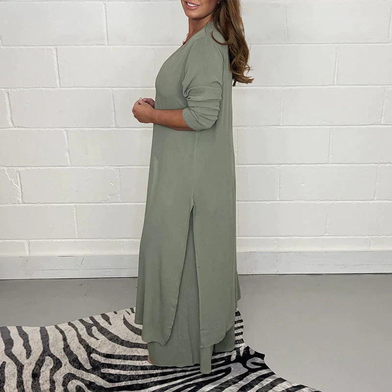 Damen Hausanzug | Hose | Oberteil | Unifarben | Locker sitzend | Zweiteilig | V-Ausschnitt-Luzern Mode
