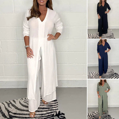 Damen Hausanzug | Hose | Oberteil | Unifarben | Locker sitzend | Zweiteilig | V-Ausschnitt-Luzern Mode