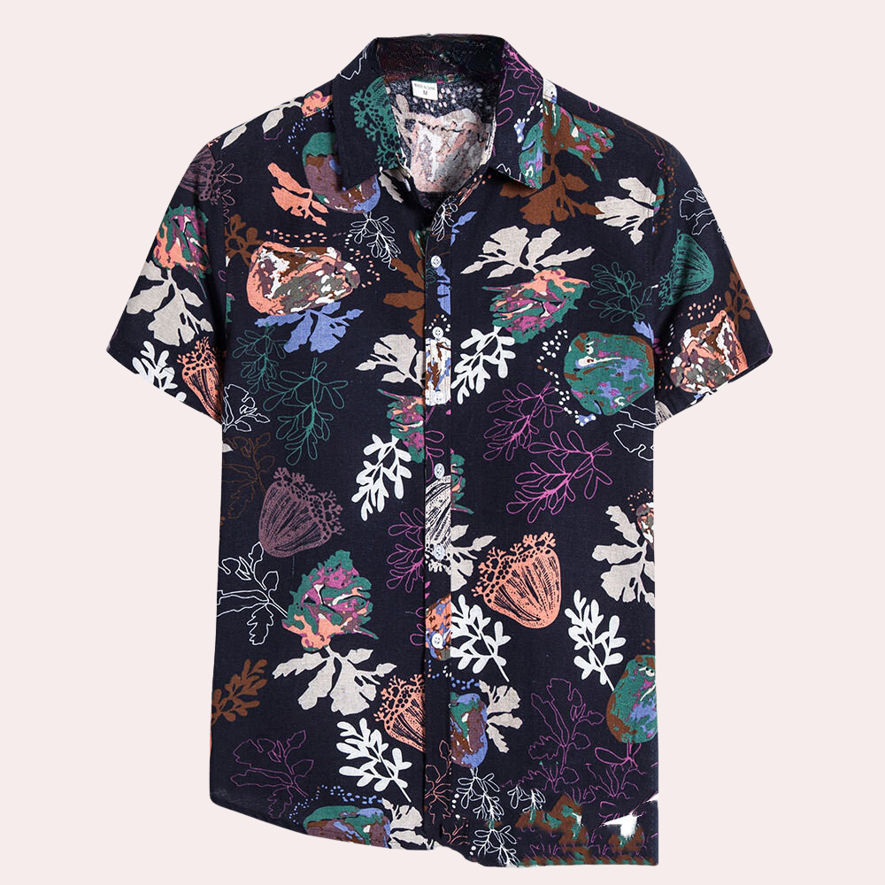Herren Kurzarmhemd mit Blumenmuster für Sommermode-Blau-S-Luzern Mode