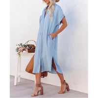 Hellblaues Sommerjeanskleid | Lang | Knöpfe | Kragen | Locker sitzend-S-Luzern Mode
