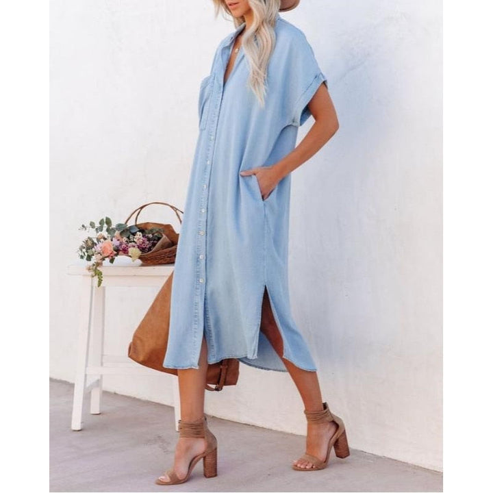 Hellblaues Sommerjeanskleid | Lang | Knöpfe | Kragen | Locker sitzend-S-Luzern Mode