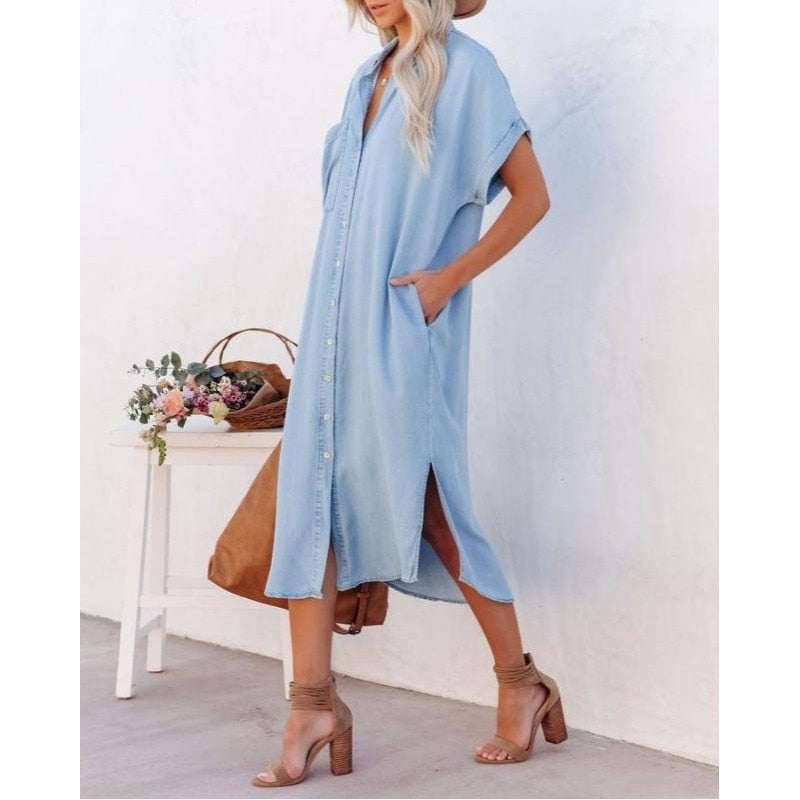 Hellblaues Sommerjeanskleid | Lang | Knöpfe | Kragen | Locker sitzend-S-Luzern Mode