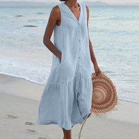Sommerkleid | Locker sitzend | Ärmellos | Knöpfe | V-Ausschnitt | Midi-Länge-Blau-S-Luzern Mode