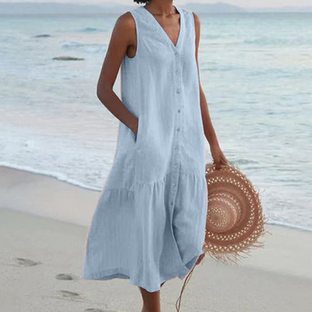 Sommerkleid | Locker sitzend | Ärmellos | Knöpfe | V-Ausschnitt | Midi-Länge-Blau-S-Luzern Mode