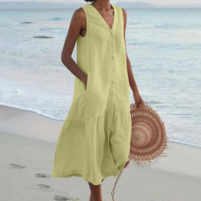 Sommerkleid | Locker sitzend | Ärmellos | Knöpfe | V-Ausschnitt | Midi-Länge-Grün-S-Luzern Mode