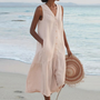 Sommerkleid | Locker sitzend | Ärmellos | Knöpfe | V-Ausschnitt | Midi-Länge-Khaki-S-Luzern Mode