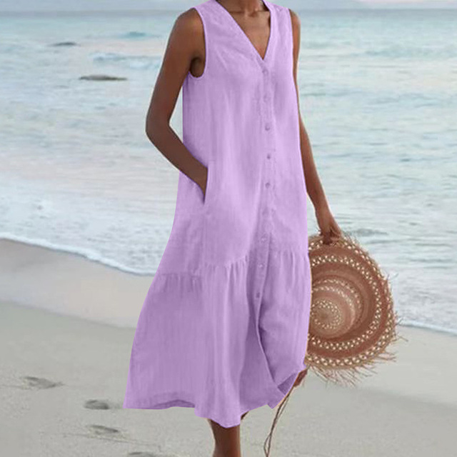 Sommerkleid | Locker sitzend | Ärmellos | Knöpfe | V-Ausschnitt | Midi-Länge-Lila-S-Luzern Mode