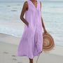 Sommerkleid | Locker sitzend | Ärmellos | Knöpfe | V-Ausschnitt | Midi-Länge-Lila-S-Luzern Mode