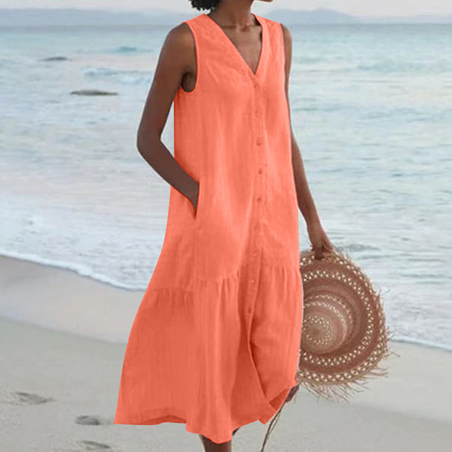 Sommerkleid | Locker sitzend | Ärmellos | Knöpfe | V-Ausschnitt | Midi-Länge-Orange-S-Luzern Mode