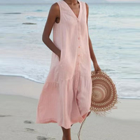 Sommerkleid | Locker sitzend | Ärmellos | Knöpfe | V-Ausschnitt | Midi-Länge-Rosa-S-Luzern Mode