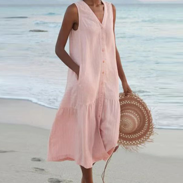 Sommerkleid | Locker sitzend | Ärmellos | Knöpfe | V-Ausschnitt | Midi-Länge-Rosa-S-Luzern Mode