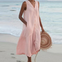 Sommerkleid | Locker sitzend | Ärmellos | Knöpfe | V-Ausschnitt | Midi-Länge-Rosa-S-Luzern Mode
