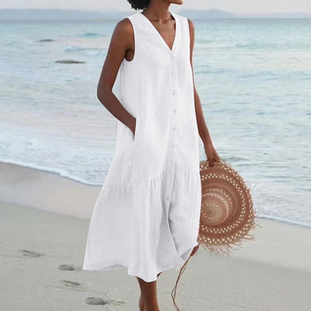 Sommerkleid | Locker sitzend | Ärmellos | Knöpfe | V-Ausschnitt | Midi-Länge-Weiß-S-Luzern Mode