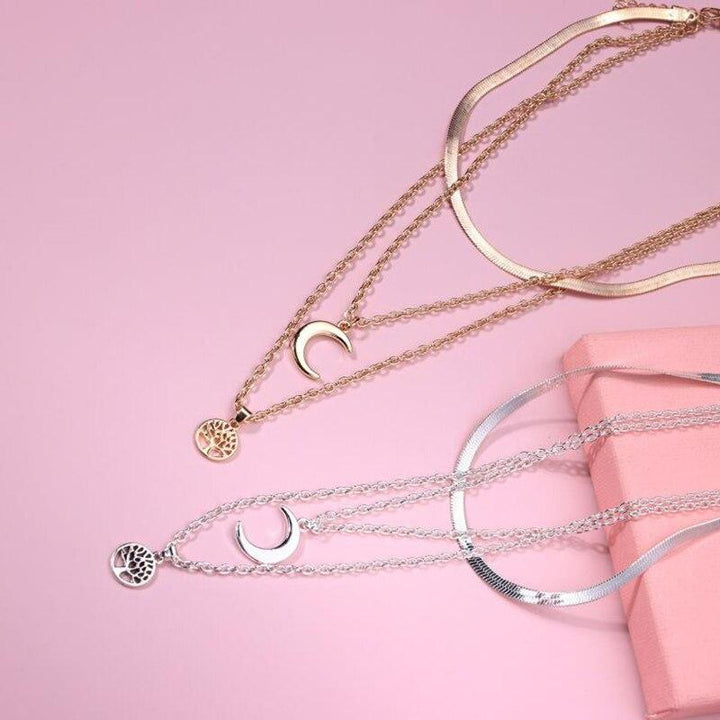 Silberne Kette | Halbmond Lebensbaum Mehrschichtig Stilvoll Trendy Langlebig-Luzern Mode
