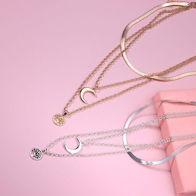 Silberne Kette | Halbmond Lebensbaum Mehrschichtig Stilvoll Trendy Langlebig-Luzern Mode