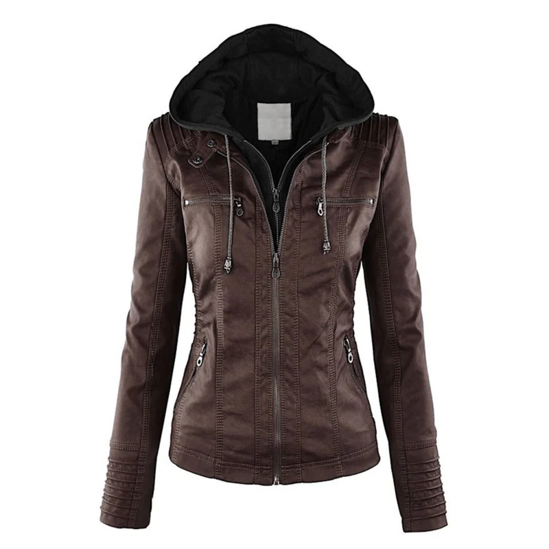 Damen Lederjacke Bikerstil mit Reißverschlusstaschen-Dunkelbraun-S-Luzern Mode