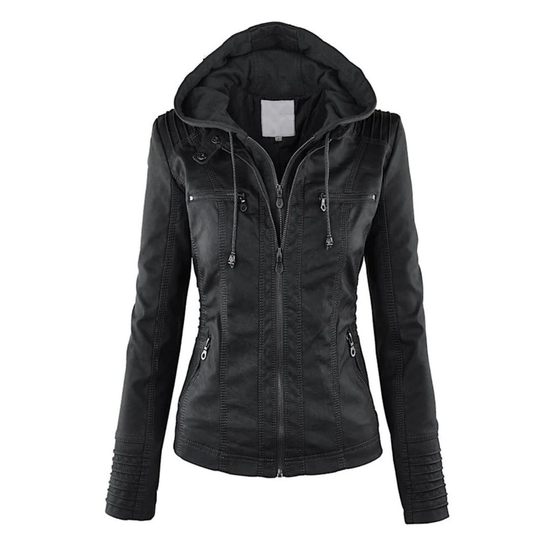 Damen Lederjacke Bikerstil mit Reißverschlusstaschen-Schwarz-S-Luzern Mode