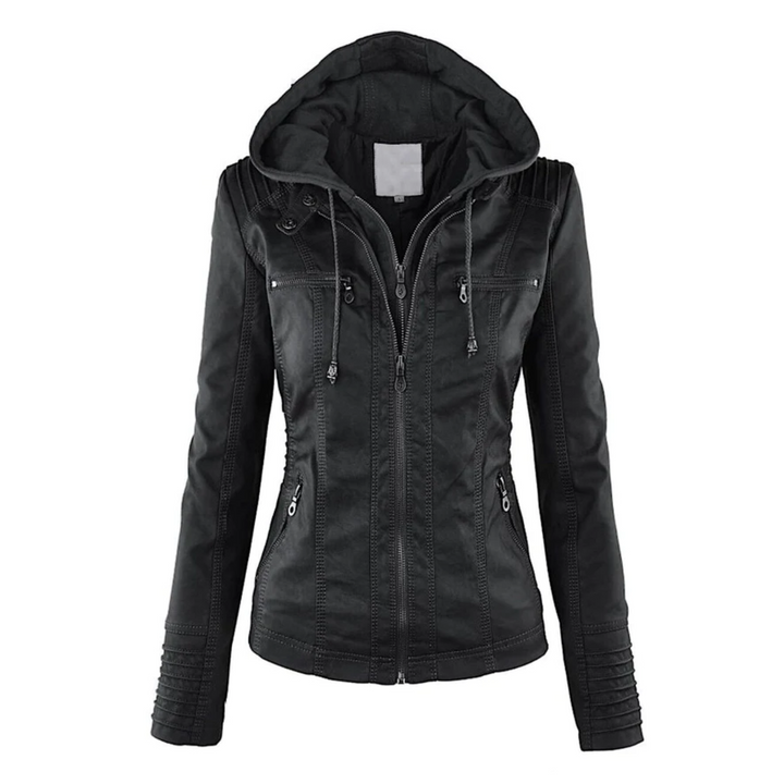 Damen Lederjacke Bikerstil mit Reißverschlusstaschen-Schwarz-S-Luzern Mode