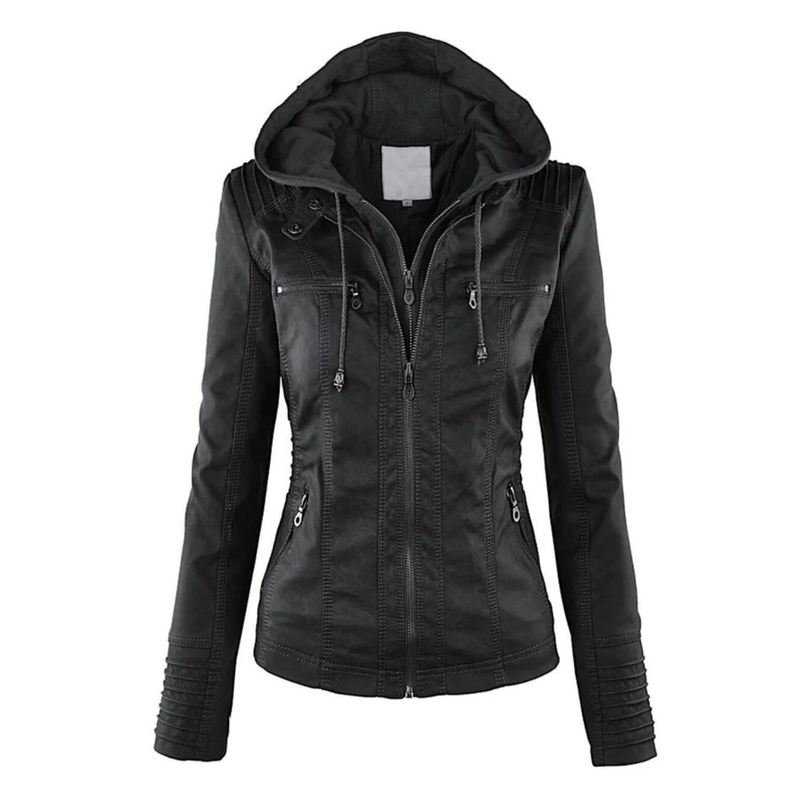 Damen Lederjacke Bikerstil mit Reißverschlusstaschen-Schwarz-S-Luzern Mode