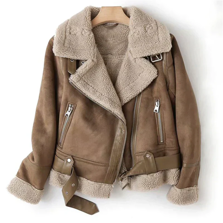 Damen Shearling Jacke mit Reißverschluss und Gürtel-Bruaun-XS-Luzern Mode