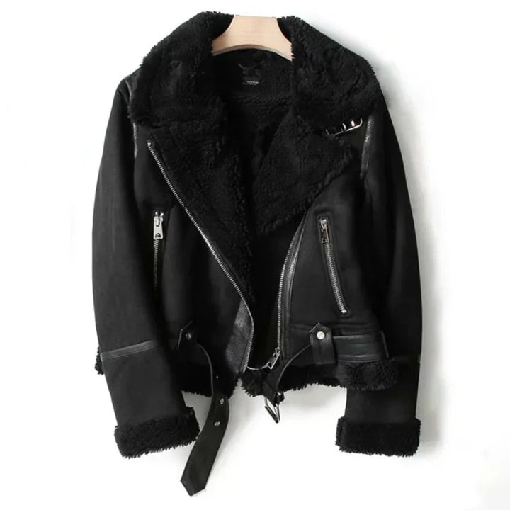 Damen Shearling Jacke mit Reißverschluss und Gürtel-Schwarz-XS-Luzern Mode