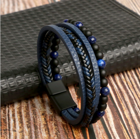 Herren-Armbandset | Leder Stilvoll Vielseitig Langlebig Robust Modern-M (19cm)-Blau-Luzern Mode