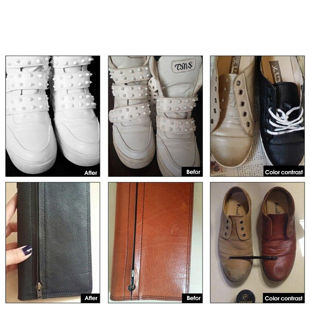 Weiße und braune Lederschuhe, Vorher-Nachher-Vergleich, Farbkontrast, Schuhpflege.
