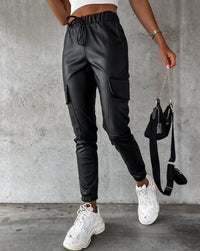 Schwarze Damen Cargo-Hose | Veganes Leder | Slim Fit | Stretchband-Luzern Mode