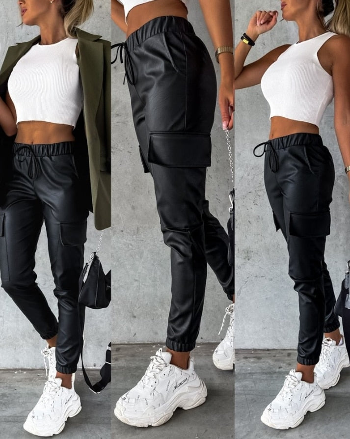 Schwarze Damen Cargo-Hose | Veganes Leder | Slim Fit | Stretchband-S-Luzern Mode
