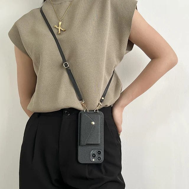 Crossbody Handyhülle Leder mit Kartenfach für Damen-Schwarz-iPhone 12-Luzern Mode