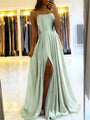 Maxi Kleid | Seitenschlitz | Spaghettiträger | Ärmellos | Rundhalsausschnitt-Hellgrün-S-Luzern Mode